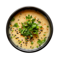AI generated Simple clear broth with fresh herbs and black sesame seeds on transparent background - stock png. png