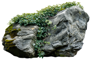 AI generated Natural rock with lush vegetation and white flowers on transparent background - stock png. png