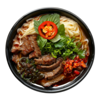 AI generated Spicy chicken noodle soup with fresh greens and red chili on transparent background - stock png. png