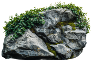 AI generated Natural rock with lush vegetation and white flowers on transparent background - stock png. png