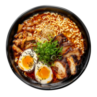 AI generated Hearty beef noodle soup Ramen with soft-boiled eggs and scallions on transparent background - stock png. png