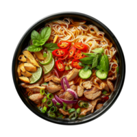 AI generated Flavorful chicken pho with herbs in rich broth on transparent background - stock png. png