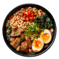 AI generated Hearty beef noodle soup Ramen with soft-boiled eggs and scallions on transparent background - stock png. png