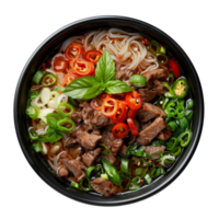 AI generated Spicy chicken noodle soup with fresh greens and red chili on transparent background - stock png. png