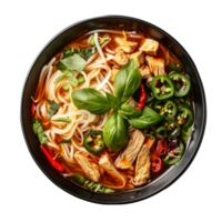 AI generated Flavorful chicken pho with herbs in rich broth on transparent background - stock png. png