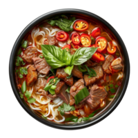 AI generated Spicy chicken noodle soup with fresh greens and red chili on transparent background - stock png. png