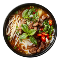 AI generated Spicy chicken noodle soup with fresh greens and red chili on transparent background - stock png. png