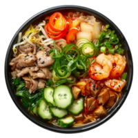 AI generated Appetizing shrimp and vegetable noodle soup in black bowl on transparent background - stock png. png