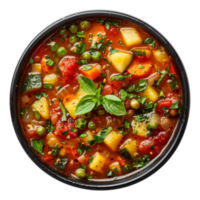 AI generated Hearty vegetable broth soup minestrone with a medley of garden vegetables on transparent background - stock png. png