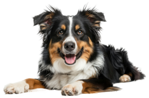 AI generated Happy Australian shepherd dog lying down with tongue out on transparent background - stock png. png