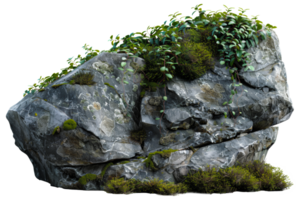 AI generated Natural rock with lush vegetation and white flowers on transparent background - stock png. png