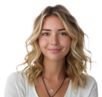 AI generated Blonde woman with necklace and white shirt smiling on transparent background - stock png. png