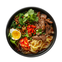 AI generated Savory pho bowl with egg, mushrooms, and green onions on transparent background - stock png. png