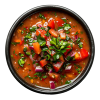 AI generated Spicy tomato vegetable soup gazpacho with fresh herbs and pepper seasoning on transparent background - stock png. png