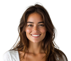 AI generated Smiling woman with freckles and sunlit brown hair on transparent background - stock png. png