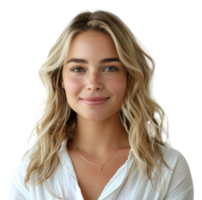 AI generated Blonde woman with necklace and white shirt smiling on transparent background - stock png. png