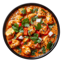 AI generated Hot and spicy Asian soup chiken tikka masala with tofu, vegetables, and noodles on transparent background - stock png. png