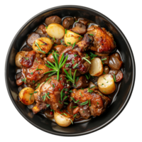 AI generated Rustic chicken thigh stew with potatoes and mushrooms in savory sauce on transparent background - stock png. png