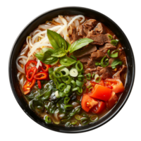 AI generated Spicy chicken noodle soup with fresh greens and red chili on transparent background - stock png. png