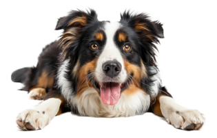 AI generated Happy Australian shepherd dog lying down with tongue out on transparent background - stock png. png