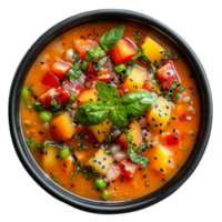 AI generated Spicy tomato vegetable soup gazpacho with fresh herbs and pepper seasoning on transparent background - stock png. png