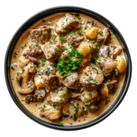 AI generated Savory beef stew with potatoes and mushrooms in a creamy sauce on transparent background - stock png. png