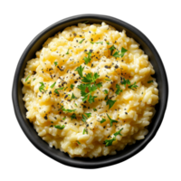 ai generado cremoso risotto con negro sésamo y Fresco eneldo en transparente antecedentes - valores png. png