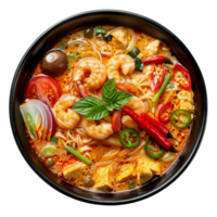 AI generated Exotic seafood noodle soup with shrimp, spices, and fresh herbs on transparent background - stock png. png