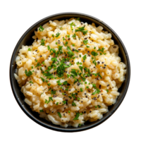 AI generated Creamy risotto with black sesame and fresh dill on transparent background - stock png. png