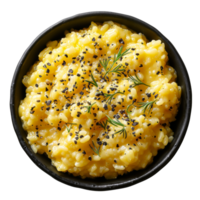 AI generated Creamy risotto with black sesame and fresh dill on transparent background - stock png. png