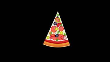 uma pizza fatia com legumes e carne ícone conceito animação com alfa canal video