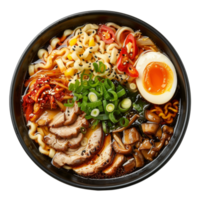 AI generated Hearty beef noodle soup Ramen with soft-boiled eggs and scallions on transparent background - stock png. png