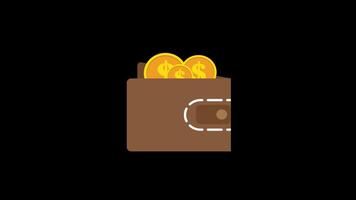 en brun plånbok med guld mynt ikon begrepp slinga animering video med alfa kanal