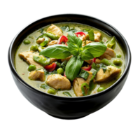 AI generated Fragrant green curry with chicken and Thai basil in a bowl on transparent background - stock png. png