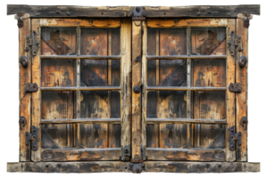 AI generated Vintage rustic wooden window with weathered shutters on transparent background - stock png. png