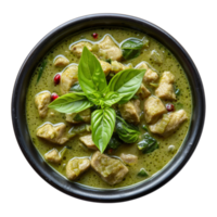 AI generated Fragrant green curry with chicken and Thai basil in a bowl on transparent background - stock png. png