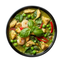 AI generated Fragrant green curry with chicken and Thai basil in a bowl on transparent background - stock png. png