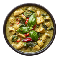 AI generated Fragrant green curry with chicken and Thai basil in a bowl on transparent background - stock png. png