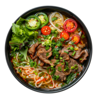 AI generated Traditional pho with beef, basil, and sliced chili in broth on transparent background - stock png. png