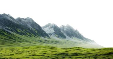 AI generated Pristine snowy mountain range towering over green meadows on transparent background - stock png. png