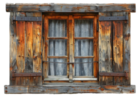 AI generated Vintage rustic wooden window with weathered shutters on transparent background - stock png. png