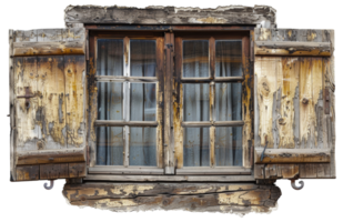 AI generated Vintage rustic wooden window with weathered shutters on transparent background - stock png. png