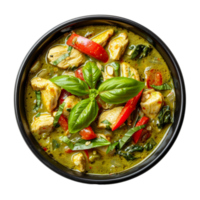 AI generated Spicy Thai green curry with chicken chunks and basil leaves on transparent background - stock png. png