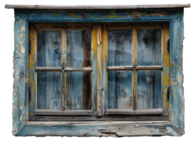 AI generated Vintage rustic wooden window with weathered shutters on transparent background - stock png. png