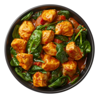 ai gerado picante frango tikka Masala com espinafre dentro uma Preto tigela em transparente fundo - estoque png. png