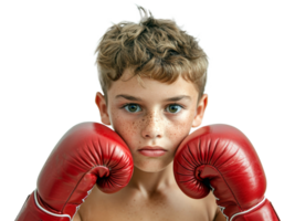 AI generated Youthful boxer in red gloves ready for athletic training on transparent background - stock png. png