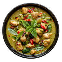 AI generated Spicy Thai green curry with chicken chunks and basil leaves on transparent background - stock png. png