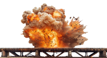 AI generated Dramatic explosion with intense flames on a bridge on transparent background - stock png. png