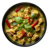 AI generated Spicy Thai green curry with chicken chunks and basil leaves on transparent background - stock png. png