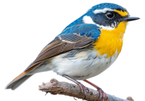 AI generated Colorful bluebird with yellow and blue markings perched on branch on transparent background - stock png. png